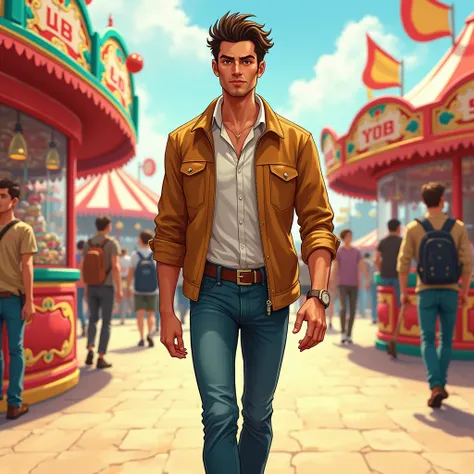 illustration: Nicolas walking proudly ,  while in the background at the fair you can see the candy stand,  with an expression of satisfaction on his face 