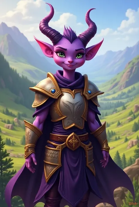 a purple tiefling paladin with a friendly and youthful appearance