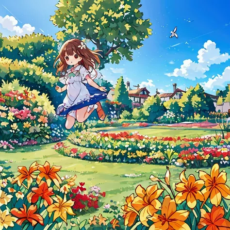 Girl flying with Hemerocallis flower，background blue sky and Hemerocallis flowers garden 