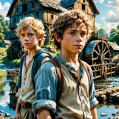 Double exposure, in the general plan, a sad black-haired twelve-year-old boy in a blue shirt with a short arm, looking like Frodo Baggins, and a scared blond twelve-year-old blond boy in a white shirt with a short arm, looking like Samwise Gamgee, stand on...