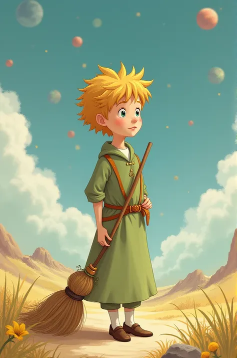 Create a harmonious image of the little prince with a sweeping broom
