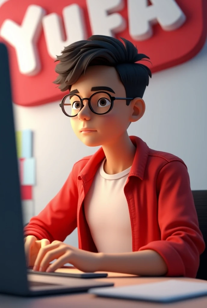 ” Create a 3D illustration featuring a realistic 20-year-old beautiful Indian realistic boy busy Developing  software in front of a 3D logo of “YouTube” The boy wearing Red & white casual Shirts, with glasses , Undercut hair style, The background of the im...