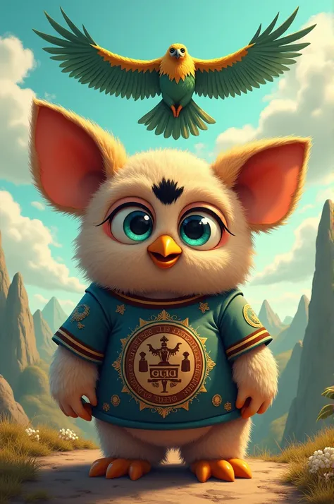 Furby wearing a defense and justice shirt above a green and yellow Falcon