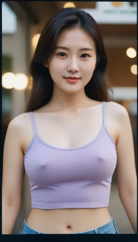 close-up of beautiful korean female, 34 inch breasts size, slightly smile , wearing crop top,  in front of the store, bokeh background, Polaroid photo, UHD