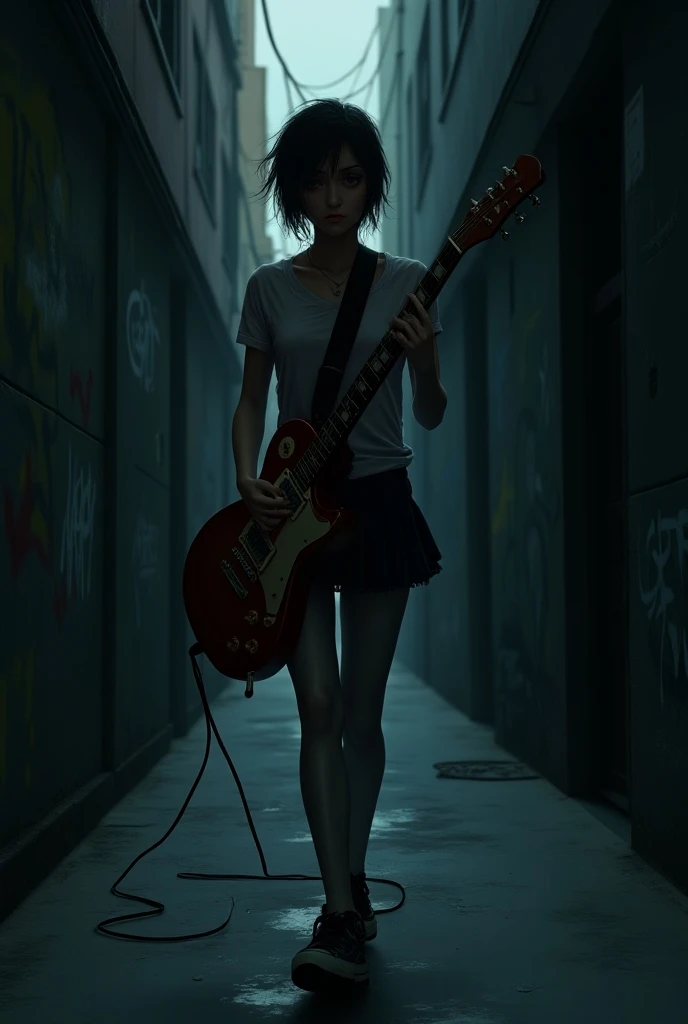 A girl carrying an electronic guitar in a dark street behind her is written paeach 