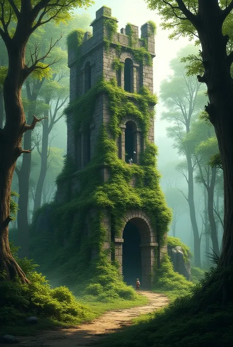 Create a concept art of a destroyed tower infested with forest and grass, in a dense forest 