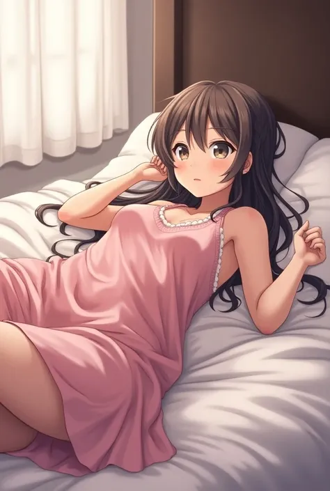 Make an anime girl lying on a bed having sex