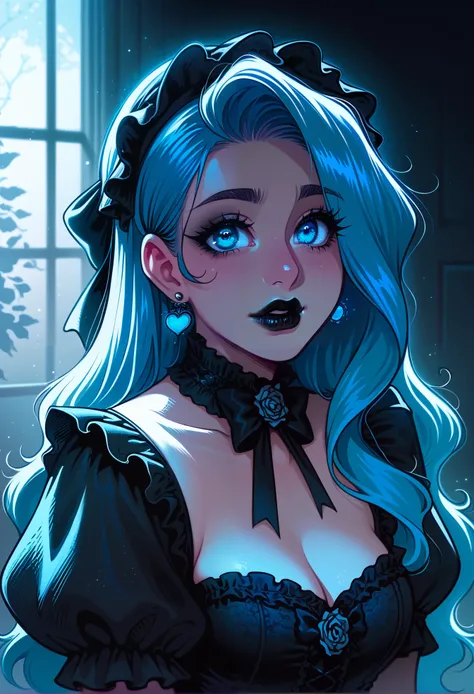 Made by melkor mancin, Vivi Nefertari, gothic lolita cosplay, blue hair, piercings, black lipstick, stoic, spooky mansion, beautiful lighting and shadows,
