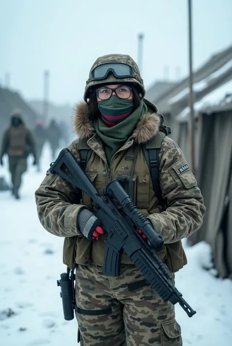  Create a woman in Russian camouflage pants ,  snowy war camp , detailed, 4K, real life, (( hiding her face with a camouflage mask, and glasses)) ((Russian helmet that goes all the way to the forehead))