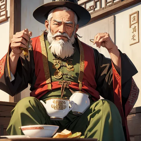 OLD MAN WITH A CHINESE BEARD DRESSED LIKE A NOBLEMAN IN ANCIENT CHINA DRINKING MACHA TEA