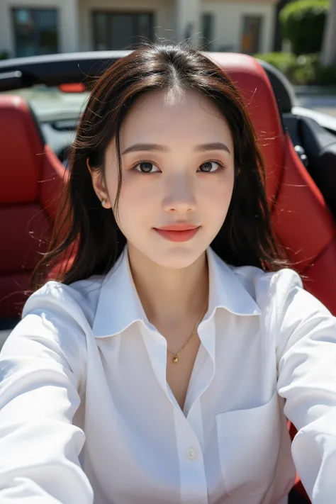 , a 36-year-old female CEO takes a selfie while sitting in a convertible white Porsche 718 drivers seat。Red interior 。I saw a red steering wheel 。Oriental woman with round face, full chest, long black hair 。Light makeup for plain skin、 wearing a high-end b...