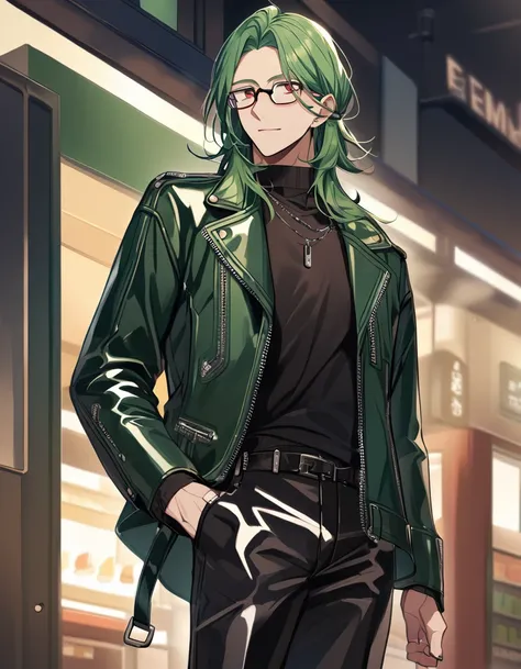 man, glasses, long green hair, red eyes, leather clothes, hand in pocket