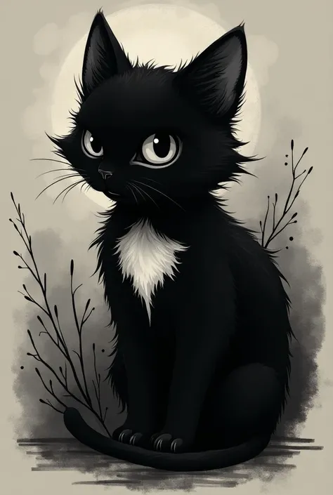 Create a design for Monochrome tattoo of a black cat with white hair on the chest, One-eyed Right Eye ,  referring to the story of the Black Cat by Edgar Allan Poe  