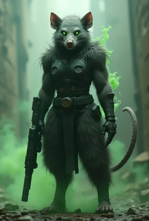 high quality, 4K Ultra HD, Sexy and beautiful Skaven rat girl covered completely with thick gray hair, She is standing with a firearm in her hands , shes muscular and strong,  she has green eyes and a long tail ,  and is wearing a modern future soldier uni...