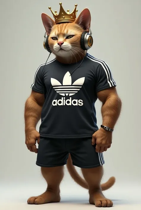 MUSCULAR CAT LISTENING TO MUSIC WITH HEADPHONES WITH AN ADIDAS SHOT AND HIS ADIDAS T-SHIRT AND A CROWN ON HIS HEAD