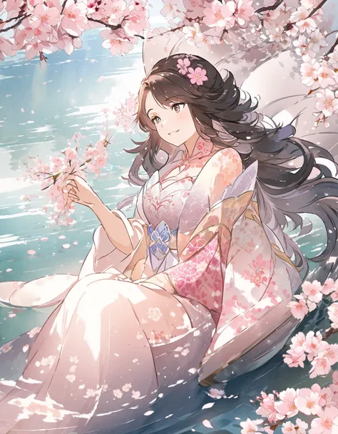 Draw Ahri, the League of Legends champion, in her Spiritual Bloom skin. She is sitting on a rock in the middle of a serene lake, with her feet dipped in the crystal clear water. Ahri holds a parasol decorated with floral patterns in one hand and eats dango...