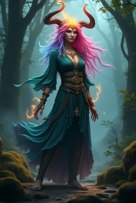 An RGB-haired Druid with fire horns