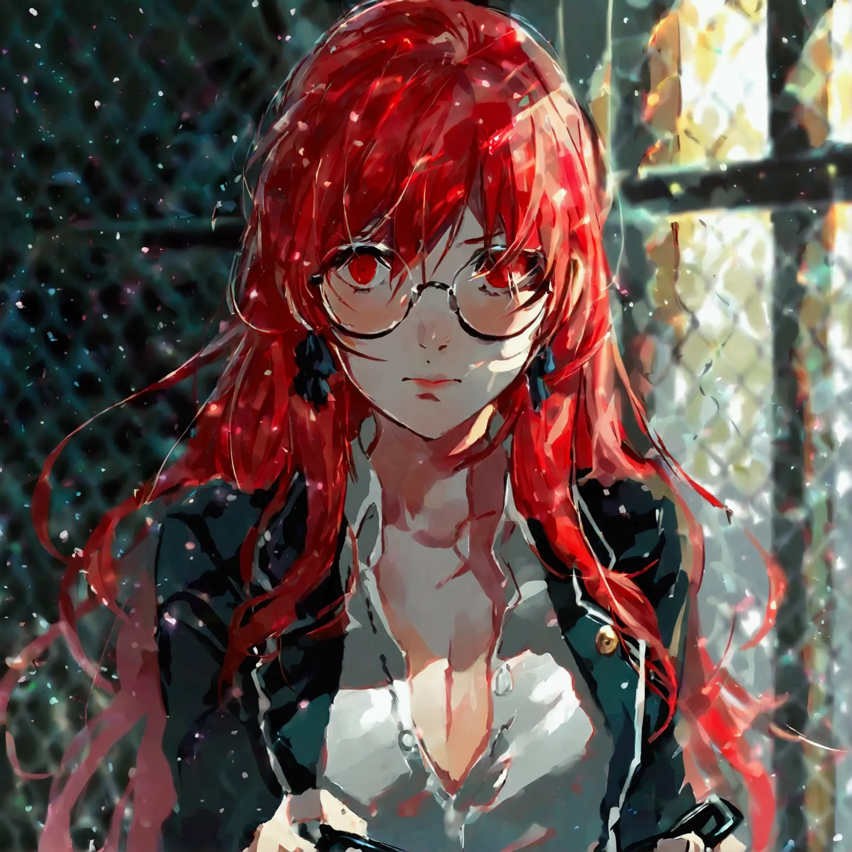 17-year-old female character with long and smooth red hair with round glasses with white frame,and ruby red eyes ,and wearing a ...