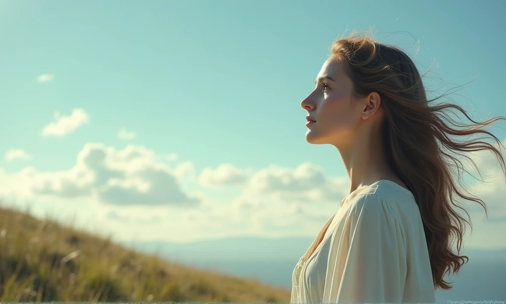 Jesus in profile, looking at the horizon on a hill ,  with hair in the wind and an expression of hope on her face,  soft light creating a delicate shadow on her face . Clear blue sky with few clouds.