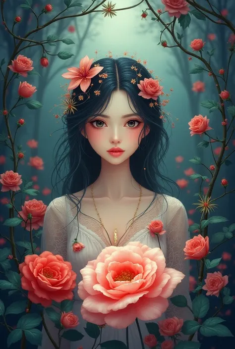 Exquisite details,  surreal atmosphere ,  ethereal beauty,  vibrant colors  ,  soft lighting, fantasy theme , mystical presence, Delicate Foliage ,  a beautiful red rose,  intricate patterns , Dream quality, Captivating gaze,  flat illustration 