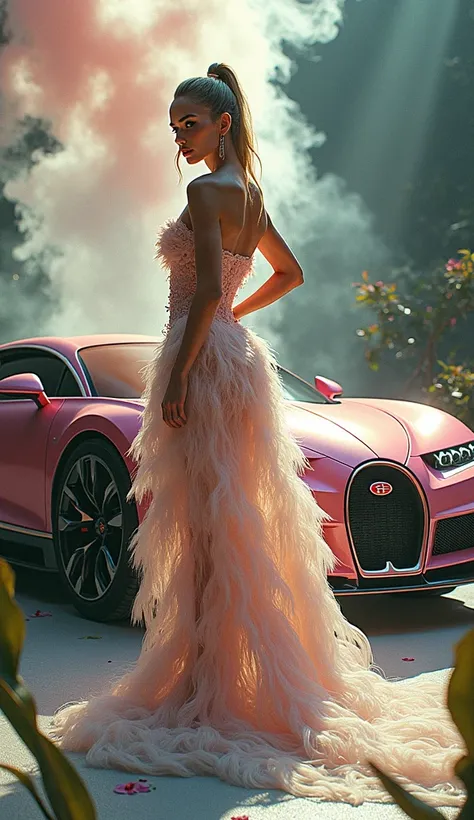     Young girl with long blond hair,     BUGATI SHIRON pink with a stand under the wheel under the neon car lights ,   standing in thick pink smoke Blonde with long hair   ,   ponytail  ,  fluffy white  ,  shoes with thin rope on legs to hips 
, detailed f...