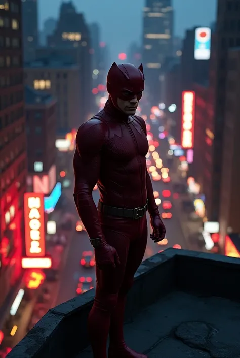 Solo, Marvel’s Daredevil on a building rooftop, looking over the city, neon lights, background Hell’s Kitchen New York, High Resolution, Masterpiece, Best Quality, Best Quality, Award Winning, Detail, High Details, High Quality, Super Detailed, UHD, From S...