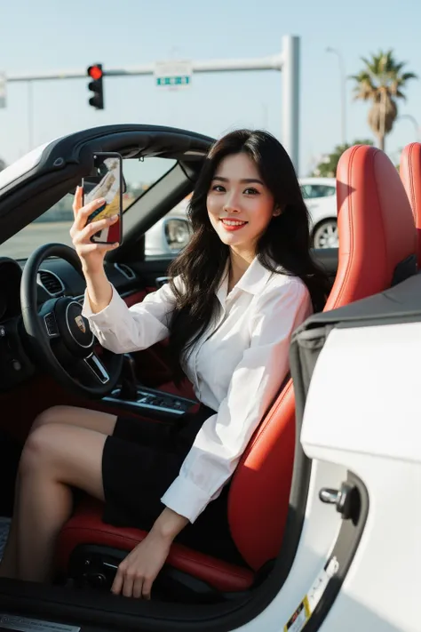 A 36-year-old female CEO takes a first-view selfie while sitting in the drivers seat of a white Porsche 718 in a convertible。Red interior 。Oriental woman with round face, full chest, long black hair 。Light makeup for plain skin、 wearing a high-end brand fa...