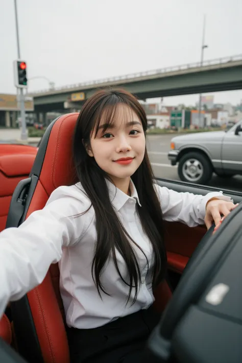 A 36-year-old female CEO takes a first-view selfie while sitting in the drivers seat of a white Porsche 718 in a convertible。Red interior 。Oriental woman with round face, full chest, long black hair 。Light makeup for plain skin、 wearing a high-end brand fa...