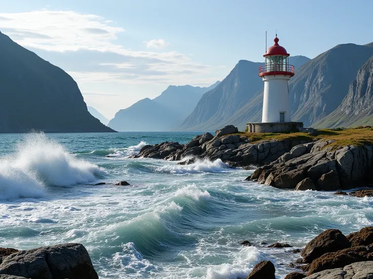  isolated lighthouse (white round building with red top) of norway . natural, realistic, , 32k resolution, sony mirror less wide lense. vibrant color, highly detailed