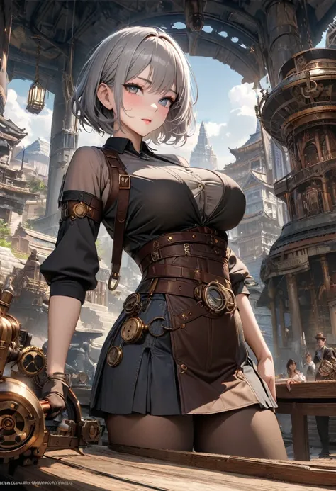 (((Steampunk))), ultra realistic 8K CG, picture- perfect face, flawless, clean, masterpiece, Professional artwork,  famous works of art ,  perfect face,  beautiful face, beautiful eye, (( perfect female body)), big breasts at the temple, Alone,, ,skirt,,, ...