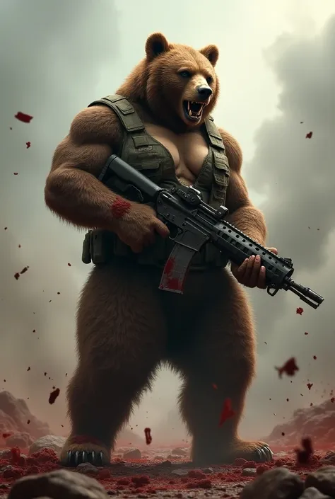 Imagine a sexy female bear shes standing holding a gun,  dressed in an army uniform soiled with blood on a battlefield