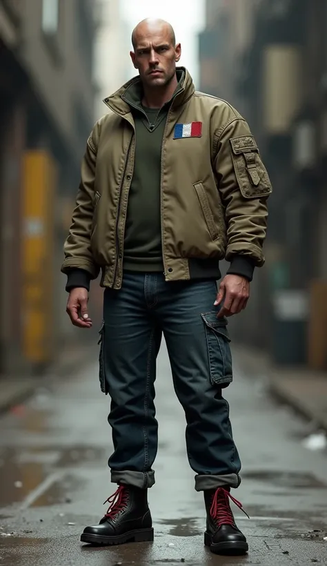 Homme Skin-head en bombers kaki avec un écusson flag french jeans retroussé et rangers noire lacets rouges 