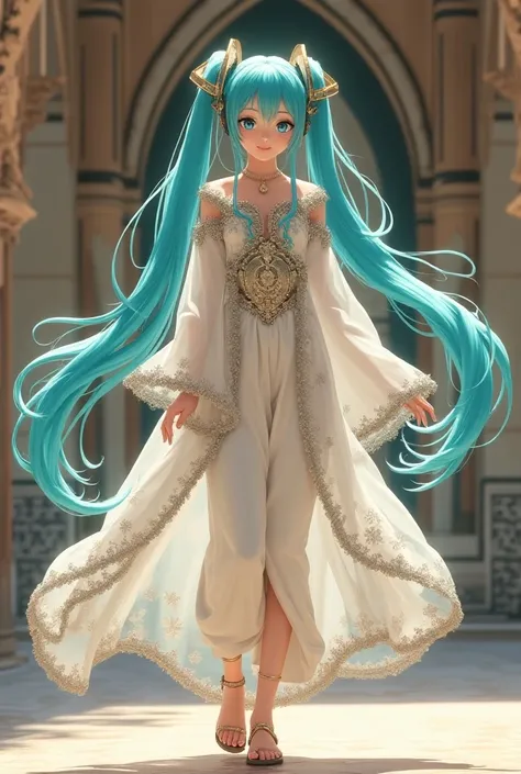 Create Miku with Arab clothes, But let there be few ,  garments that on the one hand you can see the pants and with flat sandals