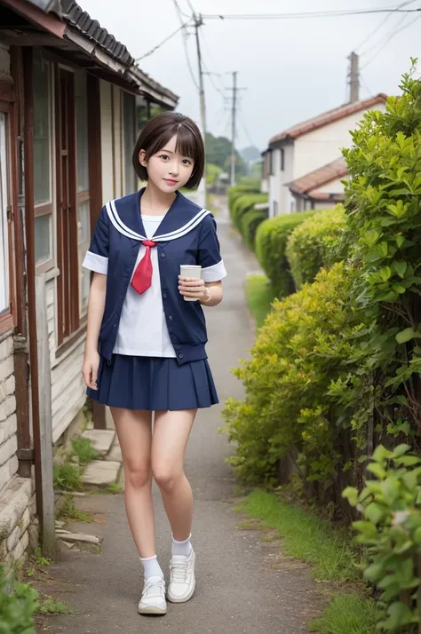 masterpiece, Best Quality,  Hi-Res,  1 girl 、、、 in the Countryside、 short hair、 sailor suit、 miniskirt、Thighs、 Old Houses