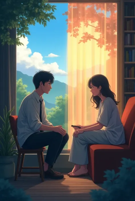 "Anime-style image showing two scenes. In one, a man is sitting alone in a peaceful, secluded place like a mountain or study room, appearing contemplative, symbolizing processing emotions alone. In another, a woman is talking with a friend, sharing her emo...