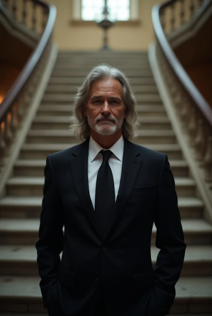 close up back view of a middle aged man with long hair dressed for a job interview at the bottom of a long flight of stairs, highest definition, highest detail, highest quality 