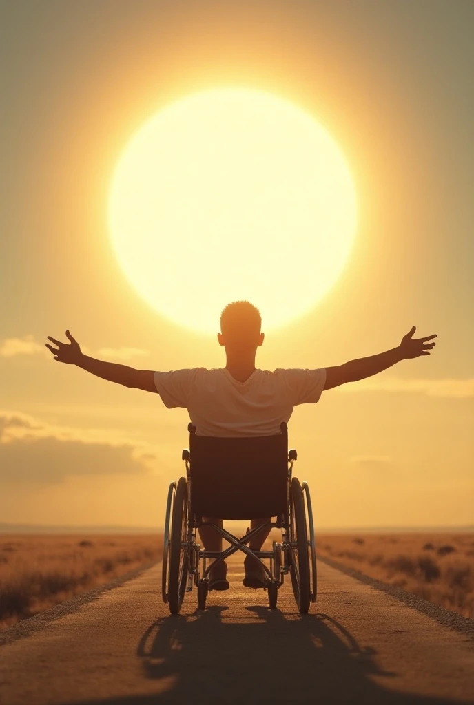 A man in a wheelchair from behind with his arms wide open looking at a big light like the sun as a sign of freedom as if he had hope of walking again one day.