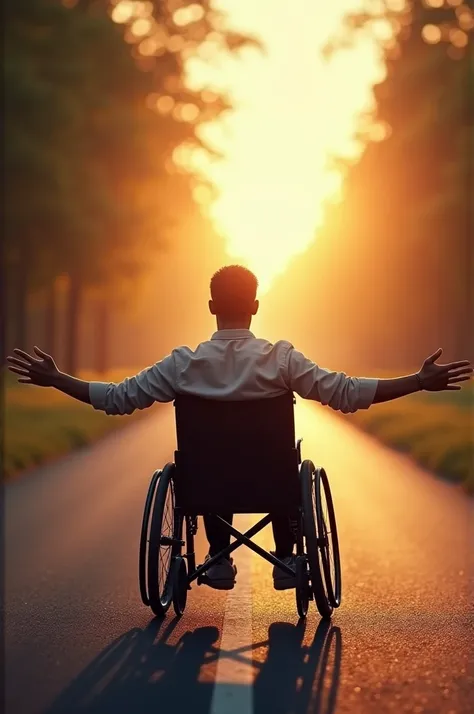 Un homme en fauteuil roulant de derrière avec les bras grand ouvert une lumière devant lui comme s’il avait espoir de remarcher un jour avec un chemin en face de lui