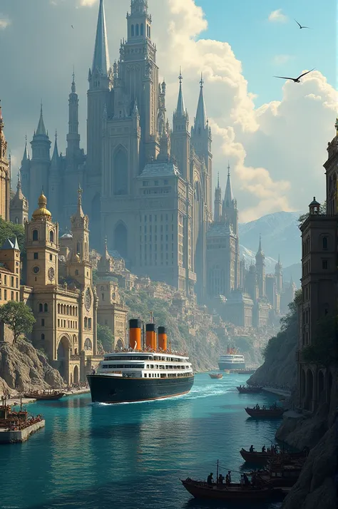  creates the following image :  in the background a giant city with very large buildings made of eclectic architecture,  even larger than Buenos Aires and Paris , and a passenger ship arriving in this Neo-Renaissance and Gothic city  