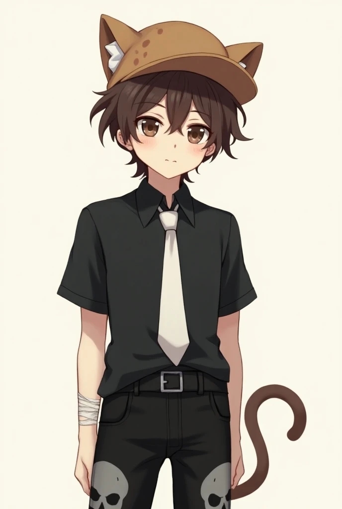 Male anime character with messy brown hair wearing a cat hat with a black shirt with a white tie and a bandage on his right arm and black pants with a skull 

