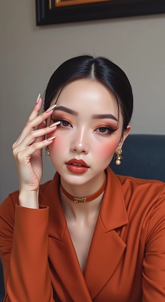 woman with makeup,  brown shade on the eyes ,  hand close to the face , brown and nude lipstick ,  blush and contour ,  tied hair ,  long almond nails,   Pixar style