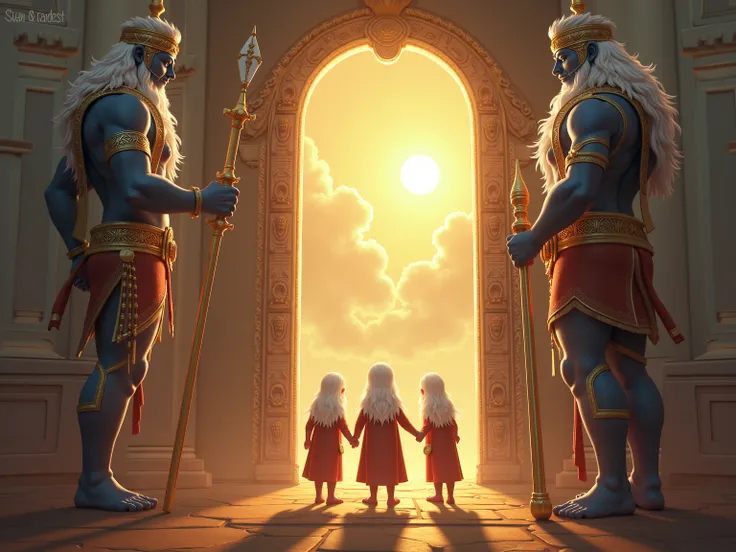 Create a divine scene considering below pointers:2 male strong Gatekeepers at lord vishnus abode. Create a divine heavenly abode and place two gatekeepers at the gate while four baby sages meeting them on the entry point. Focus should be on GateKeepers and...