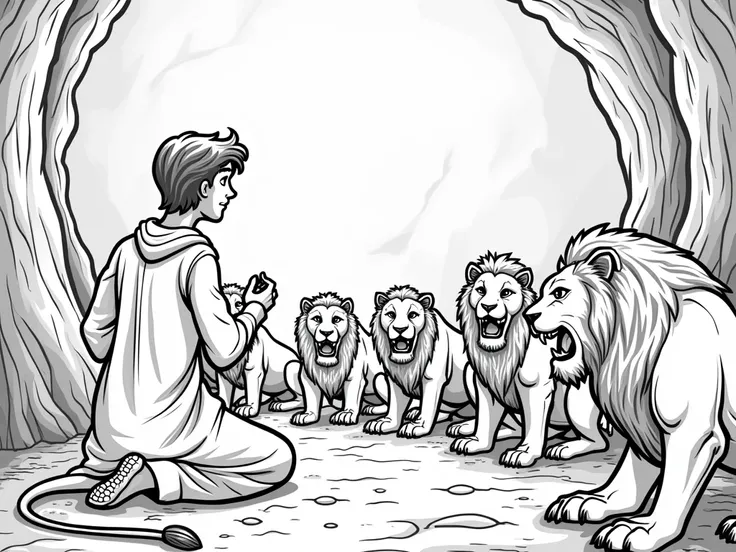  create a cartoon image, To be able to color it , I mean black and white to fill it with colors from biblical stories,  Daniel in the lions den , I REMIND YOU THAT IT IS TO COLOR 