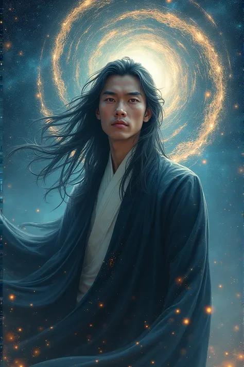 A long-haired Chinese handsome man standing in a vast starry universe.behind the man lies the powerful force of the law of space .