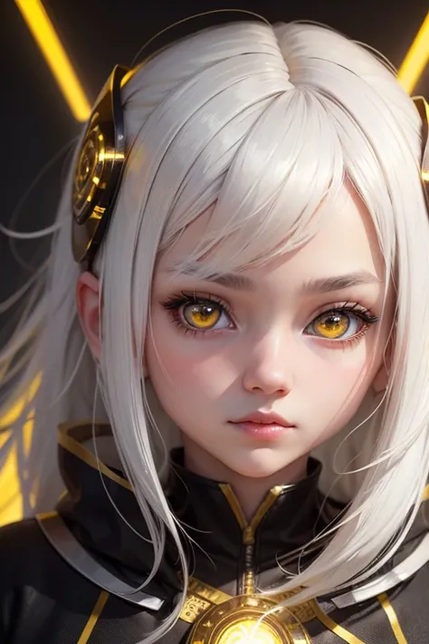 mksks style,  1 girl, cute,  surrounded by yellow lighting, gold eyes,   white hair,  black background, closeup, no smile , masterpiece,  very detailed 