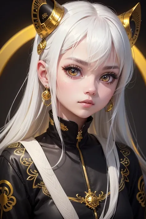 mksks style,  1 girl, cute,  surrounded by yellow lighting, gold eyes,   white hair,  black background, closeup, no smile , masterpiece,  very detailed 