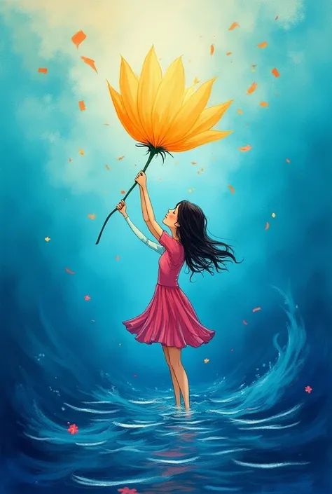 * Sea of Imagination *: In this concept ,  creativity is a deep and calm sea .  The girl holds the flower as if it were a buoy in a calm sea ,  with her aura reflecting in soft waves around her .  Each wave represents an idea or a thought that expands with...