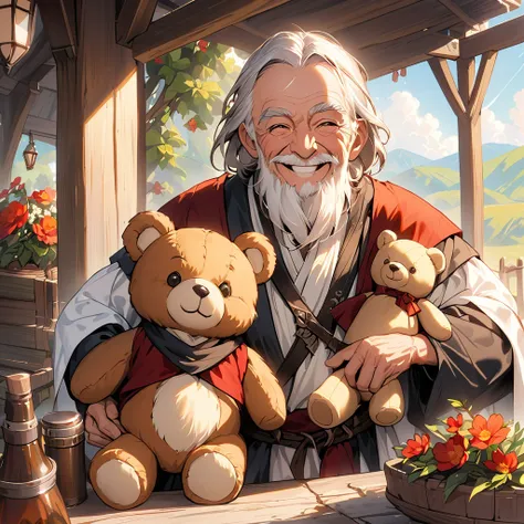 Medieval Western Old Man Smiles and Plays with Teddy Bears。