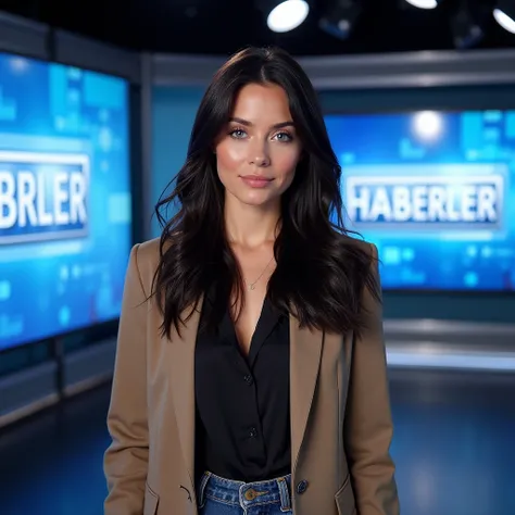 An attractive woman with dark hair and captivating blue eyes, standing directly in front of the camera in a news studio environment. The background features large screens displaying the text HABERLER, creating a dynamic news feel. She’s dressed in stylish,...