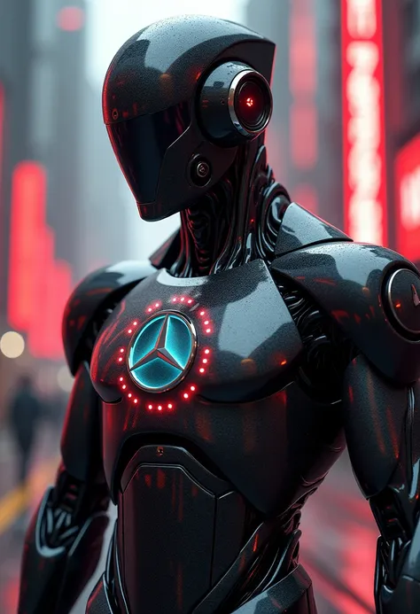 "Create an image of a male, futuristic Robot designed by mercedes. The robot has a modern appearance with black, metallic and carbon fiber elements reminiscent of Mercedes design aesthetic. Its body is with sharp lines and a high-tech, automotive-inspired ...